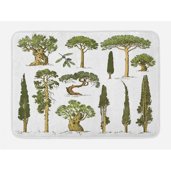 Tree Bath Mat, Hand Drawn Trees Pine Olive Cypress and Fir Tree Forest Growth Ecology Outdoors, Non-Slip Plush Mat Bathroom Kitchen Laundry Room Decor, 29.5 X 17.5 Inches, Pale Brown Green, Ambesonne