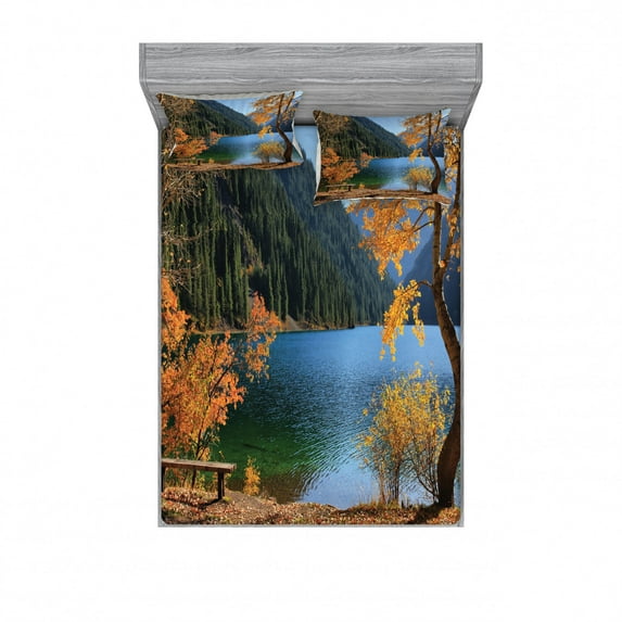 Tree Bedding Set with Sheet & Covers, Autumn Season by Lake and Mountain Nature Theme Fall Trees in the Wilderness, Printed Bedroom Decor 2 Shams, 4 Sizes, Orange Green, by Ambesonne