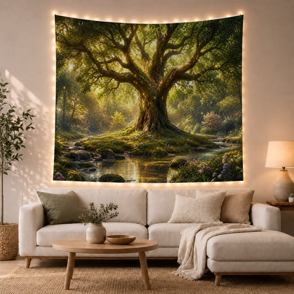 Tree Beside a Forest River with Pink Flowers, Serene Digital Art for Nature Lovers, Botanical Decor, Housewarming Gift, Tapestry Wall Hanging for Bedroom and Living Room