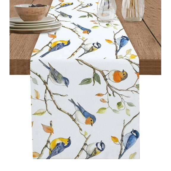Tree Bird Burlap Cotton Table Runner 13x36 Inches Short, Spring Watercolor Leaf Branch Watercolor Farmhouse Table Runners, Outdoor Dining Tablecloths Decor for Baby Shower/Party/Wedding