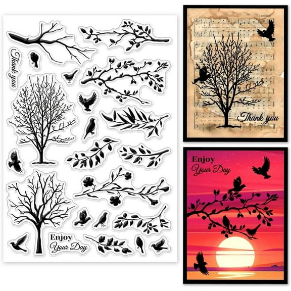 Tree Bird Silhouette Clear Stamps Tree Branches Clear Stamps Tree Flower Silicone Stamps for DIY Scrapbooking Photo Album Decorative Cards Making Home Decoration 8.27×5.83inch