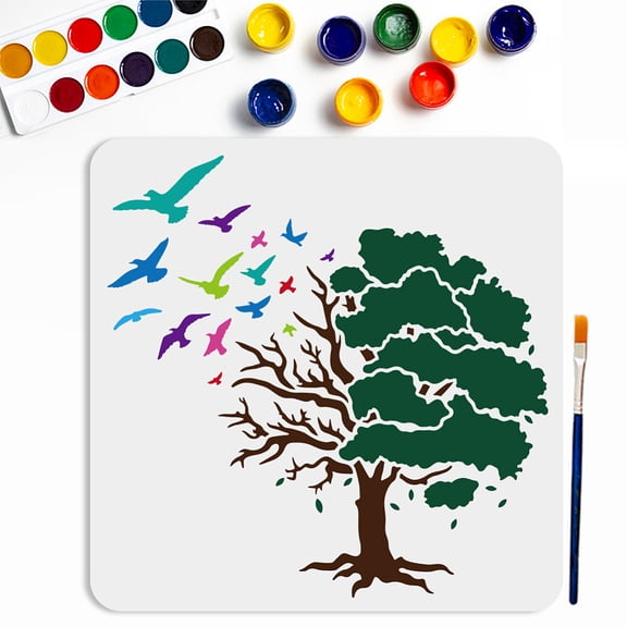 Tree Bird Stencil 11.811.8inch Large Flying Bird Branch Leaves Stencils with Paint Brush Reusable Artistic Tree Template