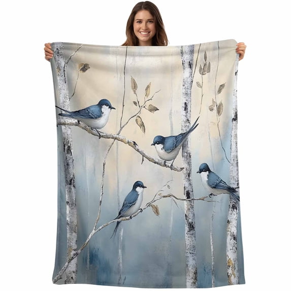 Tree Birds Blanket Soft Cozy Warm Throw Blanket for Couch, Plush Fuzzy Flannel Fleece Blankets for Sofa, Spring Forest Oil Painting Modern Animal Bed Blankets Lightweight Gifts for Women, 32"x48"