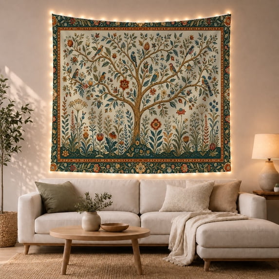 Tree with Birds in Botanical Garden Whimsical Folk Art for Nature Lovers Detailed Illustration Decor Housewarming Gift Tapestry Wall Hanging for Living Room and Bedroom