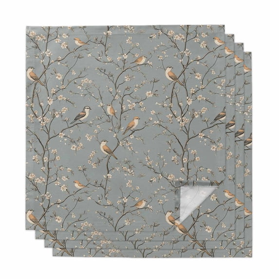 Tree Birds Cloth Napkins, Vintage Grey Flower Floral Branch Spring Washable and Reusable Dinner Napkins Set of 4, Table Napkin for Kitchen Party Birthday Wedding Hotel Housewarming 20"x20"