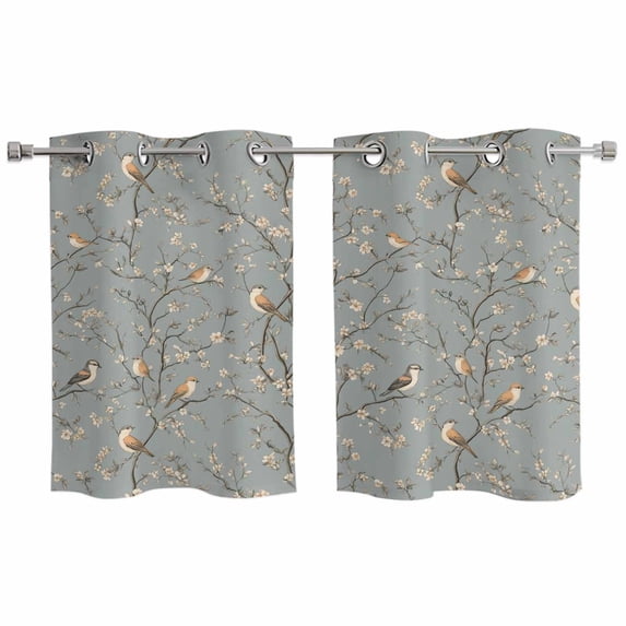 Tree Birds Kitchen Curtains Small Short 39 Inch Length, Vintage Grey Flower Floral Branch Spring Grommet Top Bedroom Living Room Curtains, Light Filtering Cafe Curtain Drapes 2 Panels Set 55''x39''