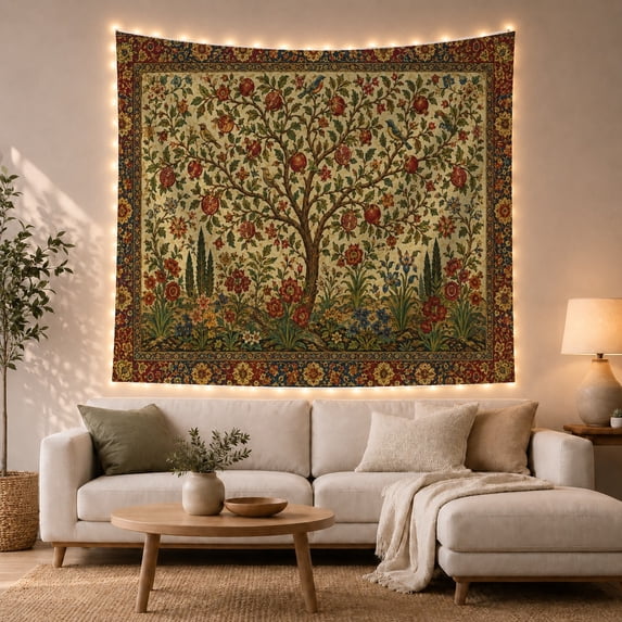 Tree With Birds and Pomegranates in a Flower Meadow, Calming Folk Art for Nature Lovers, Bohemian Wall Art, Housewarming Gift Tapestry Wall Hanging for Bedroom and Living Room