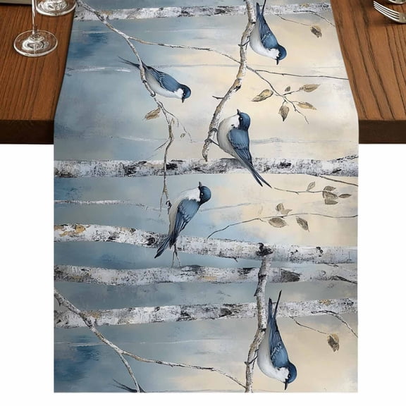 Tree Birds Short Table Runner 36 Inches Long,Spring Forest Oil Painting Modern Animal Cotton Linen Table Runners Dresser Scarves,Fabric Tabletop Scarf Furniture Cover for Home Dinner Party 13"x36"