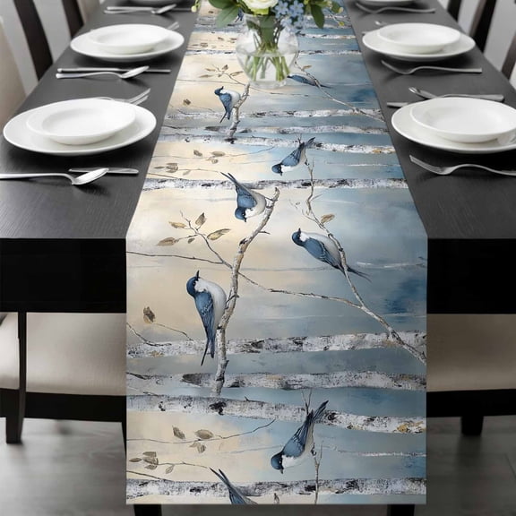 Tree Birds Table Runner 36 Inches Long, Spring Forest Oil Painting Modern Animal Kitchen Coffee Dining Table Decoration for Home Party Birthday Wedding Home Decor 13x36 Inches