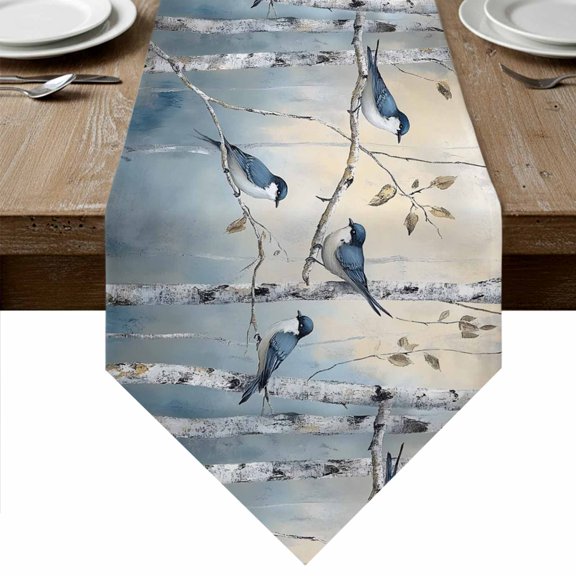 Tree Birds Table Runner Linen Burlap Table Runner 36 Inches Small Spring Forest Oil Painting Modern Animal Dresser Scarves for Kitchen Island Coffee Dining Party Wedding Banquet Holiday Decor 13"x36"