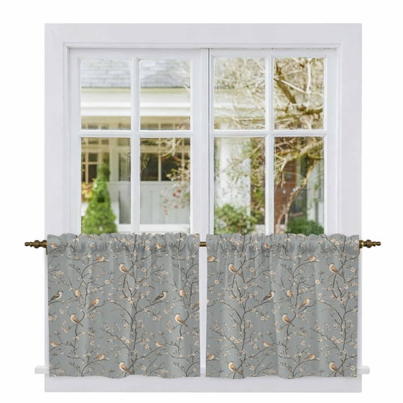 Tree Birds Tier Curtains, Vintage Grey Flower Floral Branch Spring Light Filtering Kitchen Curtains, 2Pcs Rod Pocket Half Window Treatments Panels for Sink Cafe Cabinet Camper 27.5x36 Inches