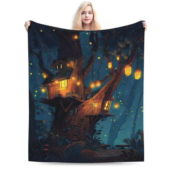 Tree Blanket Enchanted Treehouse Lantern Glow Mystical Forest Art Soft Fleece Throw Reading Nook Decor Book Lover Gift 50x40