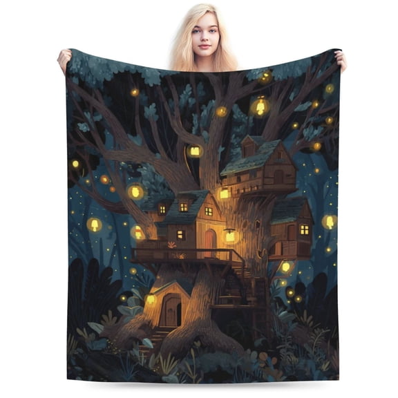 Tree Blanket Magical Treehouse Illustration Enchanted Forest Art Fuzzy Plush Throw Fantasy Home Decor Whimsical Gift 50x40