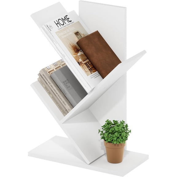 Tree Book Shelf, 3-Tier Bookshelf with Angled Open Shelf, Tree Bookcase for Room Decor, 8.4 x 15.7 x 21.3, for Organization and Storage, for Living Room, Bedroom, Home Office, White