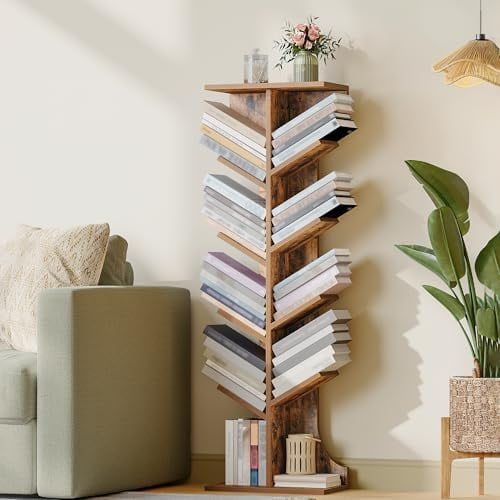 Tree Bookshelf, 11 Tier Narrow Bookcase, Display Shelf, Book Organizer, Small Floor Standing Book Shelf for Bedroom, Living Room, Home Office, Rustic Brown BC01601X$$Home Decor, Kitchen, & Other
