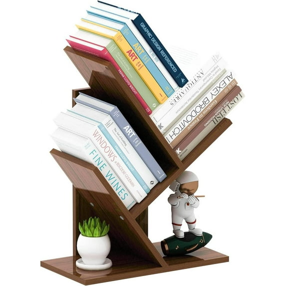 Tree Bookshelf, 3-Tier Small Book Storage Organizer Shelves Floor Standing Bookcase, Wood Storage Rack for Office Home School Shelf Display for Cd/Magazine(Dark Walnut )