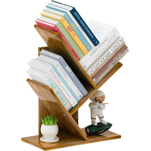 Tree Bookshelf, 3-Tier Small Book Storage Organizer Shelves Floor Standing Bookcase, Wood Storage Rack for Office Home School Shelf Display for Cd/Magazine(Rustic Brown)