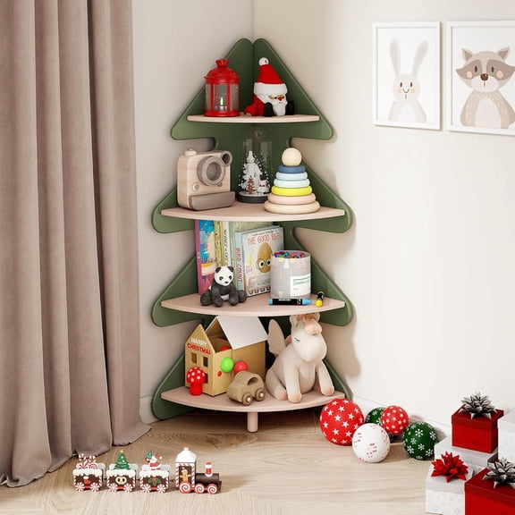 Tree Bookshelf for , 4-Tier Montessori Corner Bookcase, Space-Saving Freestanding Storage Organizer for Books & Toys, Suitable for  Room, Playroom, Classroom, Nursery