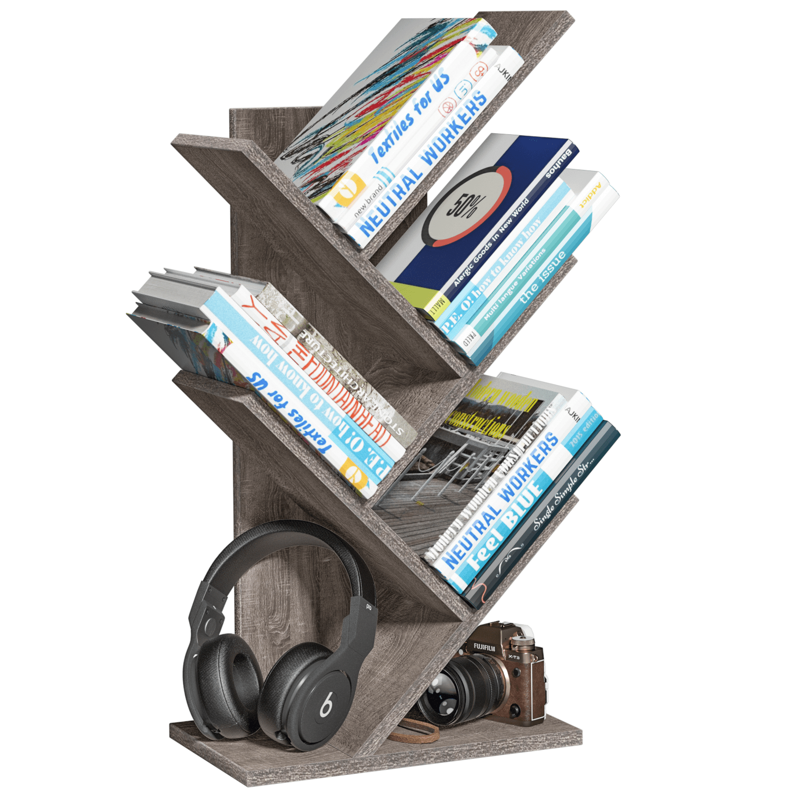 Tree Bookshelf 5-Tier Tabletop Tree Bookcase, Floor Standing Organizer Bookcases for Living Room,Bedroom, Light Grey