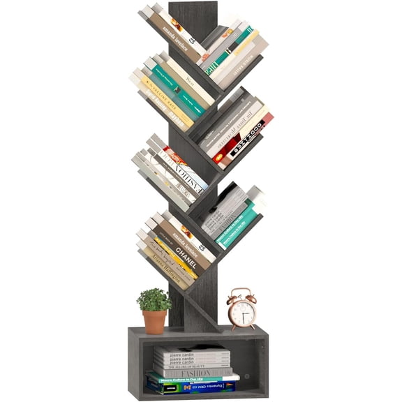 Tree Bookshelf - 6 Shelf Retro Floor Standing Bookcase, Tall Wood Book Storage Rack for CDs/Movies, Utility Book Organizer Shelves for Bedroom, Living Room, Home Office, Dark Grey