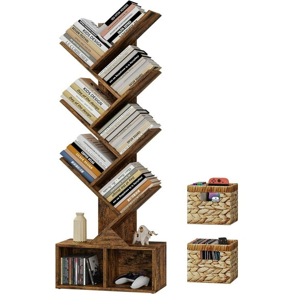 Tree Bookshelf, 6 Tier Bookshelf with Storage, Tall Narrow Bookcase, Rustic Wood Book Storage Rack for CDs/Books, Small Book Organizer Shelves for Bedroom, Living Room, Home Office, Brown