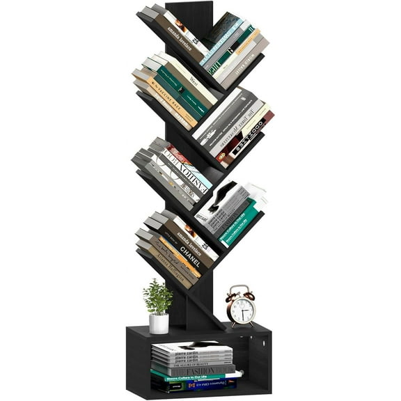 Tree Bookshelf, 6 Tier Small Book Shelf Retro Floor Standing Bookcase, Wood Book Storage Organizer Rack, Tall Narrow Bookshelves for Corner/Bedroom/Living Room/Home Office, Black
