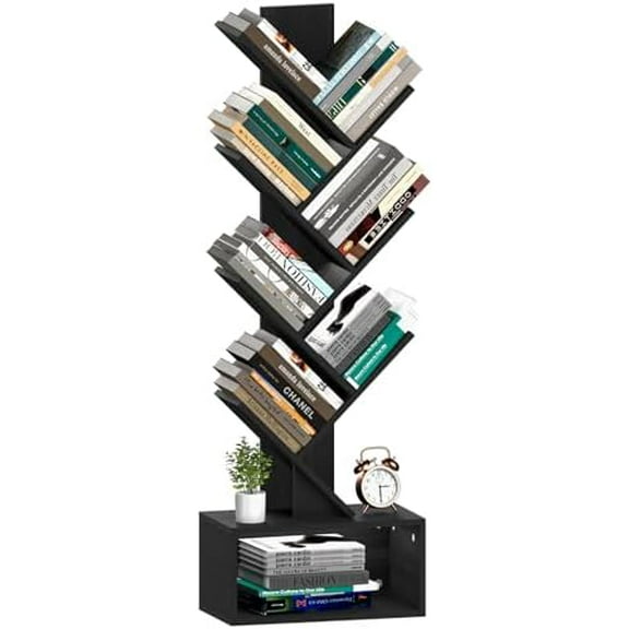 Tree Bookshelf, 6 Tier Small Book Shelf Retro Floor Standing Bookcase, Wood Book Storage Organizer Rack, Tall Narrow Bookshelves for Corner/Bedroom/Living Room/Home Office, Black