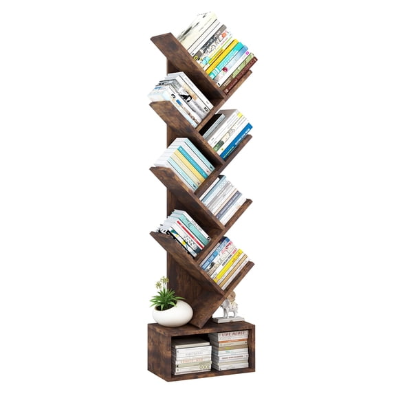 Tree Bookshelf 8-Tier Floor Standing Tree Bookcase, Utility Organizer Shelves for Living Room, Bedroom, Home Office, Brown