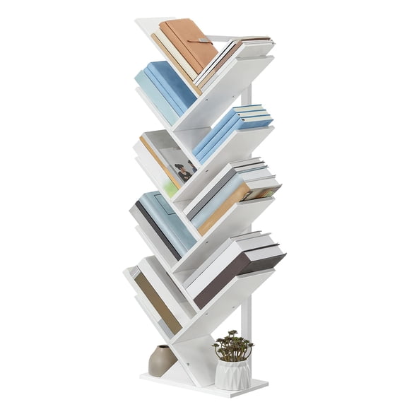 Tree Bookshelf, 9-Tier Bookcase Wooden Shelves, Floor Standing Storage Rack, for Display of CDs, Books in Living Room, Home Office, Wood Storage Rack for Bedroom, Rustic Brown