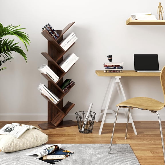 Tree Bookshelf, 9-Tier Corner Shelf, Space-Saving Walnut Color Bookcase for Home Office