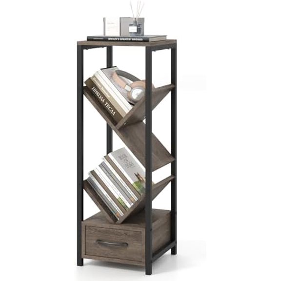 Tree Bookshelf with Drawer, 4-Tier Narrow Bookcase with Metal Frame, Tall Floor Standing Storage Organizer for Small Space, Wooden Display Shelves for Living Room, Bedroom, Study (1)