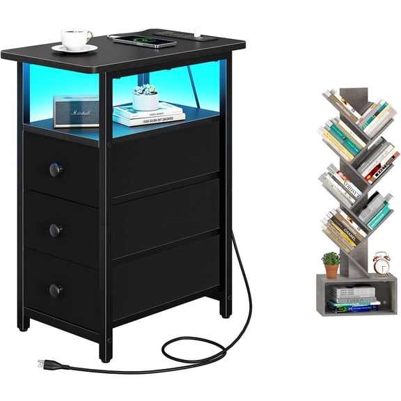 Tree Bookshelf, End Table with Charging Station