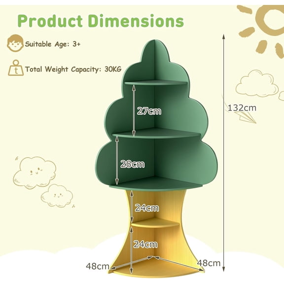 Tree Bookshelf for Kids, 5-Tier Toddler Corner Bookcase, Space-Saving Freestanding Book Shelf & Toy Storage Organizer for Kids Room, Playroom, Classroom, Nursery, Daycare (Tree)