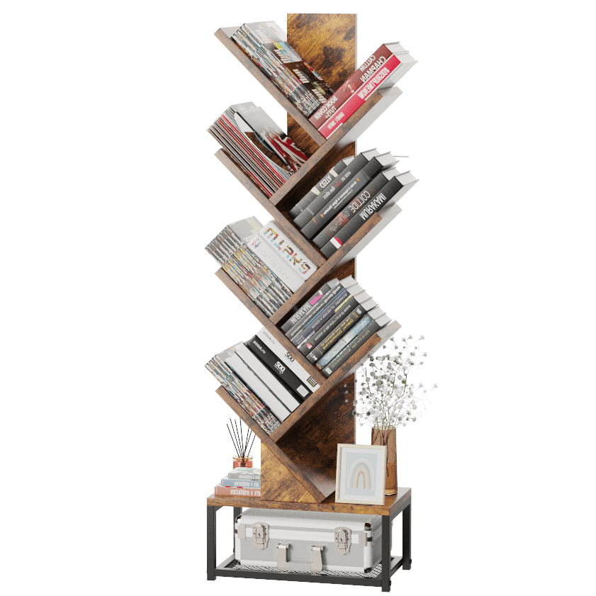 Rustic Tree Bookshelf - 7 Tier Organizer, Sturdy Metal Base, Space ...