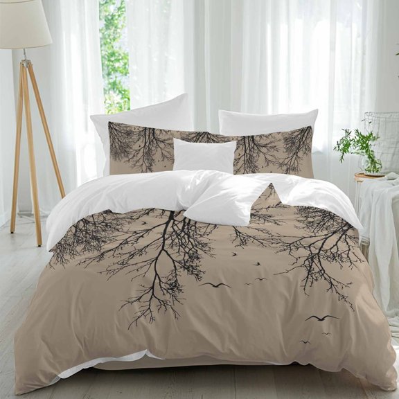 Tree Branch Bird Comforter Set Twin Size, Brown Background Black Deadwood Soft Bedding Set for Man Woman, 4 Pieces Duvet Cover Set with Fitted Sheet, 2 Pillowcases