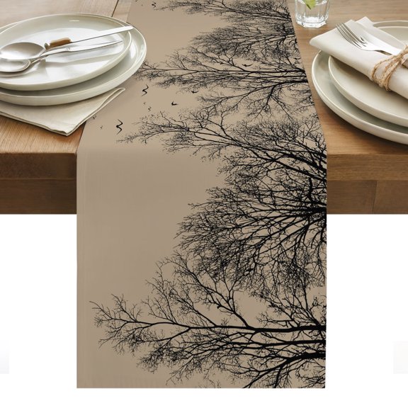 Tree Branch Bird Cotton Linen Table Runner Brown Background Black Deadwood Dining Table Runners for Home Decor Party Dining Room Restaurant Kitchen Party 13" x 48"