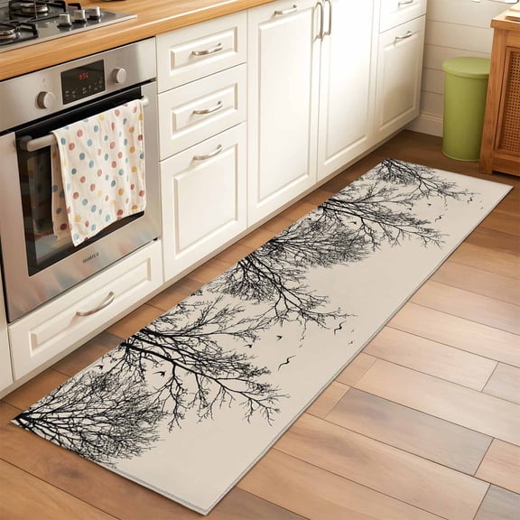Tree Branch Bird Runner Rug for Hallway 2x6ft, Light Brown Background Black Deadwood Non Slip Floor Mat Washable Low-Profile Indoor Carpet for Living Room, Bedroom, Dining Room