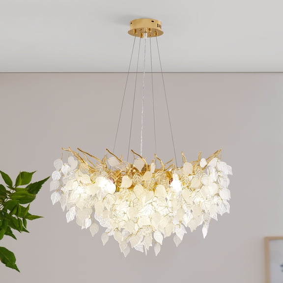 Tree Branch Crystal Chandelier, 10-Light Gold Leaf Chandelier, 23.6" Dia Adjustable Aluminum Frame Pendant Light, E12 3-Color Ceiling Fixture for Living Room Dining Room Bedroom
