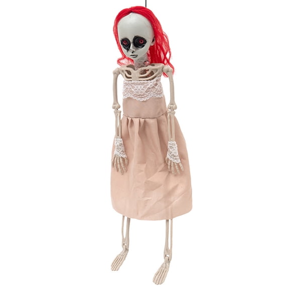 Tree Branch Halloween Skeleton Ornament, Red Hair Girl Figure, 49 cm Decor With Loop Near Doorway Entry Party Display Styling Indoors