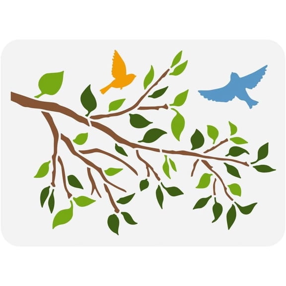Tree Branch Painting Stencil 8.3x11.7inch Reusable Tree Leaves Branches Pattern with Flying Birds DIY Plant Theme for Painting on Wood Fabric More Colorful