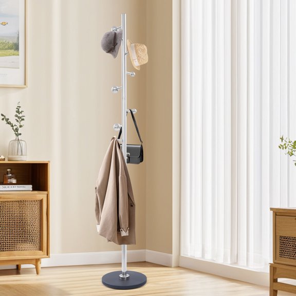 Tree Branch Shape Standing Stainless Steel Rock Slab Coat Rack With 8 Spherical Hooks For Entryway