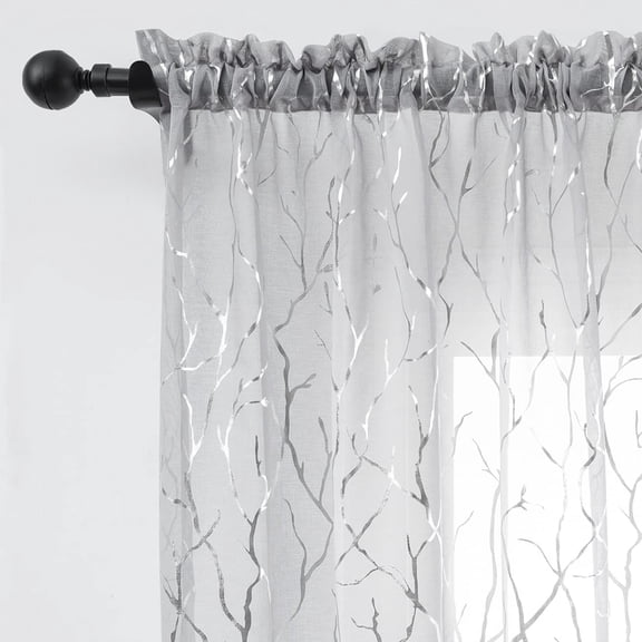 Tree Branch Silver Sheer Curtains for Living Room - Metallic Pattern Grey 84 Inch Length Bedroom Rod Pocket Curtains, 52 x Inch, 2 Panels,