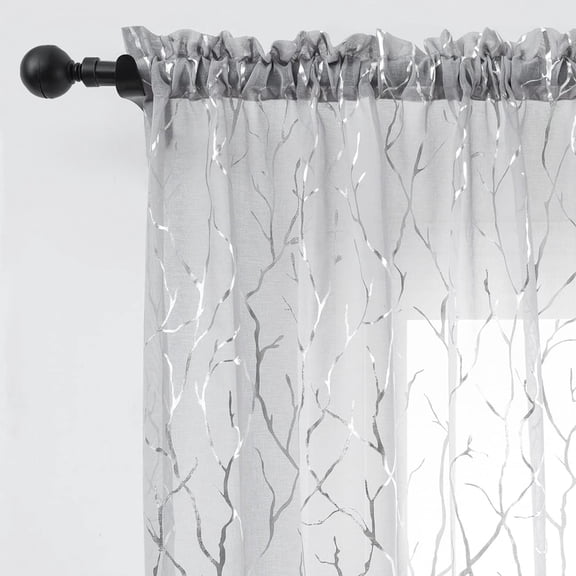 Tree Branch Silver Sheer Curtains for Living Room - Metallic Silver Tree Pattern Grey Curtains for Bedroom Rod Pocket Sheer Tree Curtains, 2 Panels, Grey