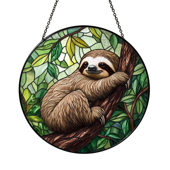 Tree Branch Sloth Illustration Stained Glass Style Window Suncatcher Decor, Gentle Jungle Art Gift