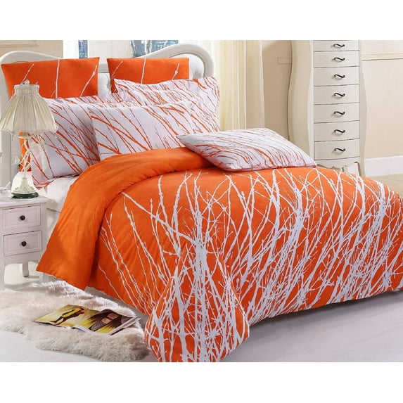 Tree Branches 5-Piece Cotton Bedding Set: Duvet Cover, Two Pillow Shams and Two Euro Shams (Orange, Queen)
