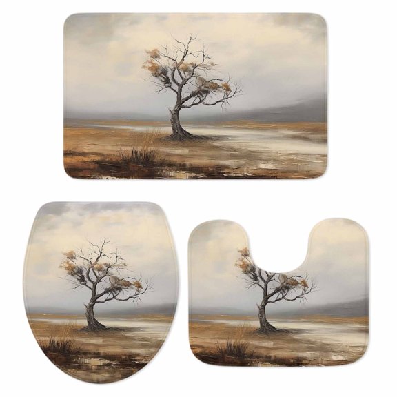 Tree Branches, Bath Mat 3 Piece Bathroom Rug Set, Wild Leaves Forest Abstract Painted Art Non Slip Bath Rug Contour Mat and Toilet Lid Cover, Absorbent Shower Mats Soft Bath Rugs and Mats Sets
