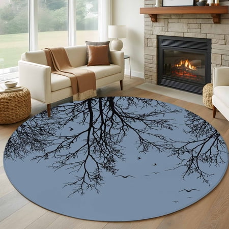 Tree Branches Bird 6FT Round Area Rugs for Living Room Blue Background Black Deadwood Ultra-Thin Non-Slip Round Rugs Machine Washable Low Pile Circle Carpet for Bedroom Kitchen Nursery