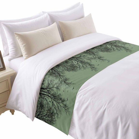 Tree Branches Bird Bed Runner for Twin Size Bed, Green Background Black Deadwood Soft Bedding Scarf Bedding Protector Slipcover Sofa Throw for Bedroom Hotel Guesthouse