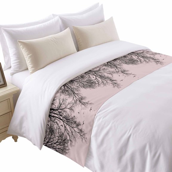 Tree Branches Bird Bed Runner for Twin Size Bed, Pink Background Black Deadwood Soft Bedding Scarf Bedding Protector Slipcover Sofa Throw for Bedroom Hotel Guesthouse