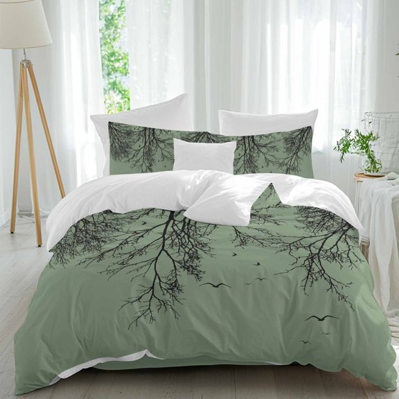 Tree Branches Bird Comforter Set Full Size, Green Background Black Deadwood Soft Bedding Set for Man Woman, 4 Pieces Duvet Cover Set with Fitted Sheet, 2 Pillowcases